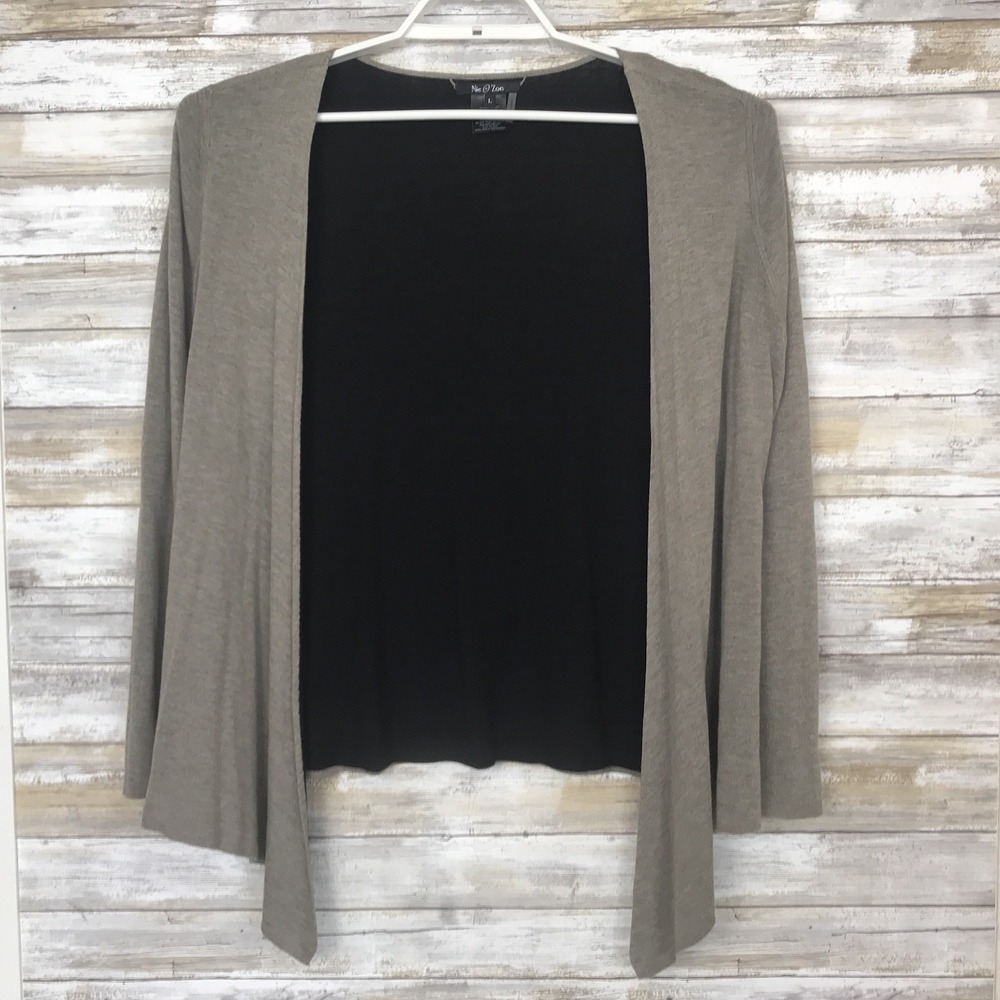 Nie + Zoe Womens Sweater Cardigan Sz L L/S Tan Black Asymmetrical Hem Open Front